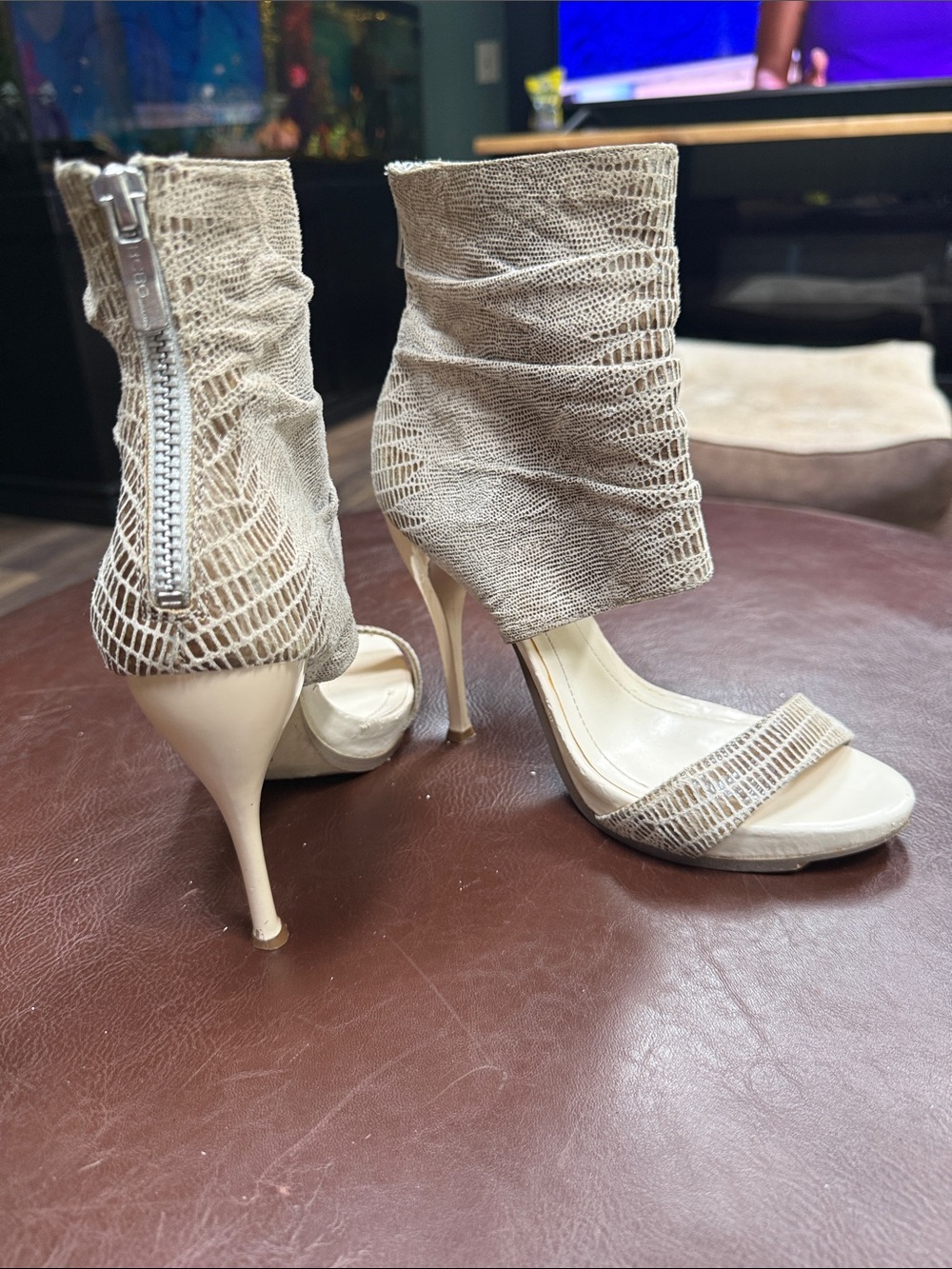 BCBG Beige Textured Open-Toe Stiletto Booties